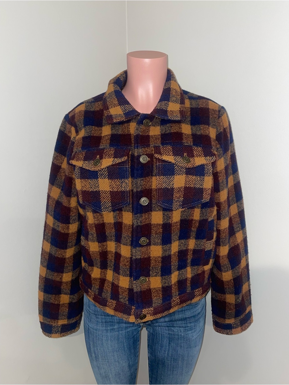 Tularosa Ariel Jacket in Brown and Blue Plaid. Medium. Wool.